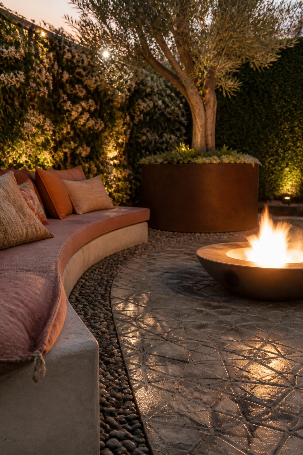 Curved concrete bench with cushions beside a gravel border and fire pit on a stone patio, with a large planter and tree behind.