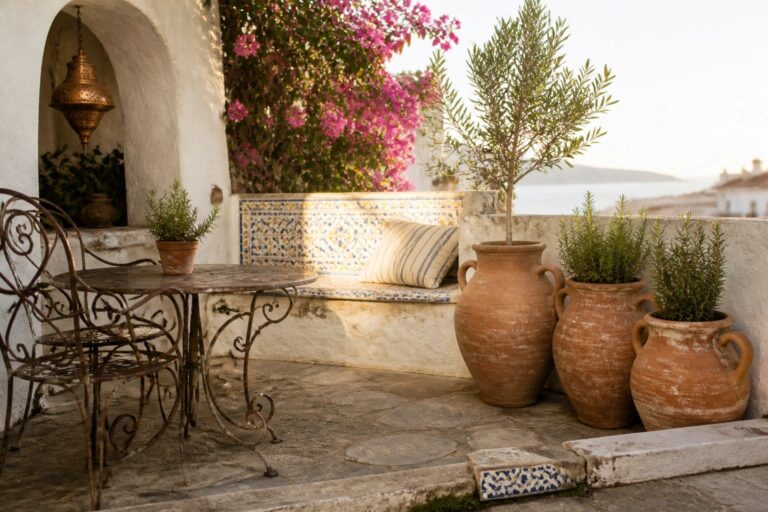 19 Beautiful Patio Garden Ideas With Planters, Borders, and Cozy Seating Patio with wrought-iron table, terracotta pots, striped cushion, and pink bougainvillea.