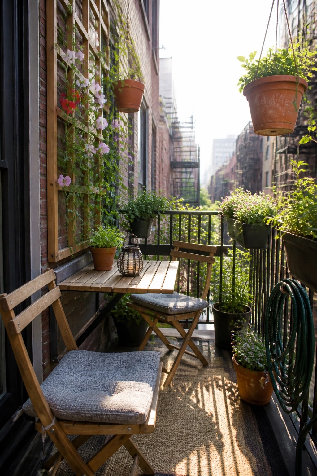 A narrow urban balcony with wooden folding chairs and a small table, surrounded by potted plants and hanging planters along a brick wall.
