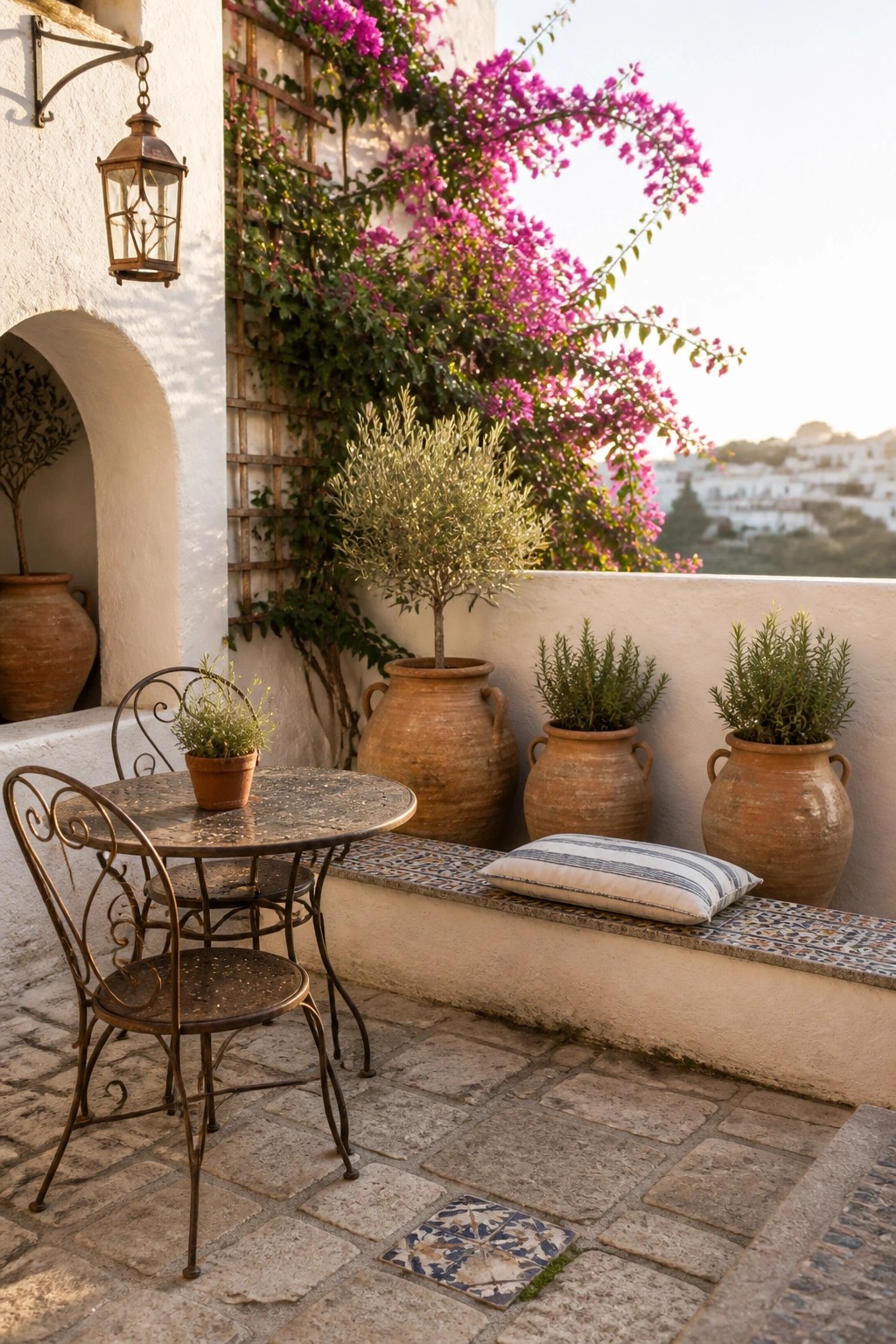 Patio with wrought-iron table, terracotta pots, striped cushion, and pink bougainvillea.