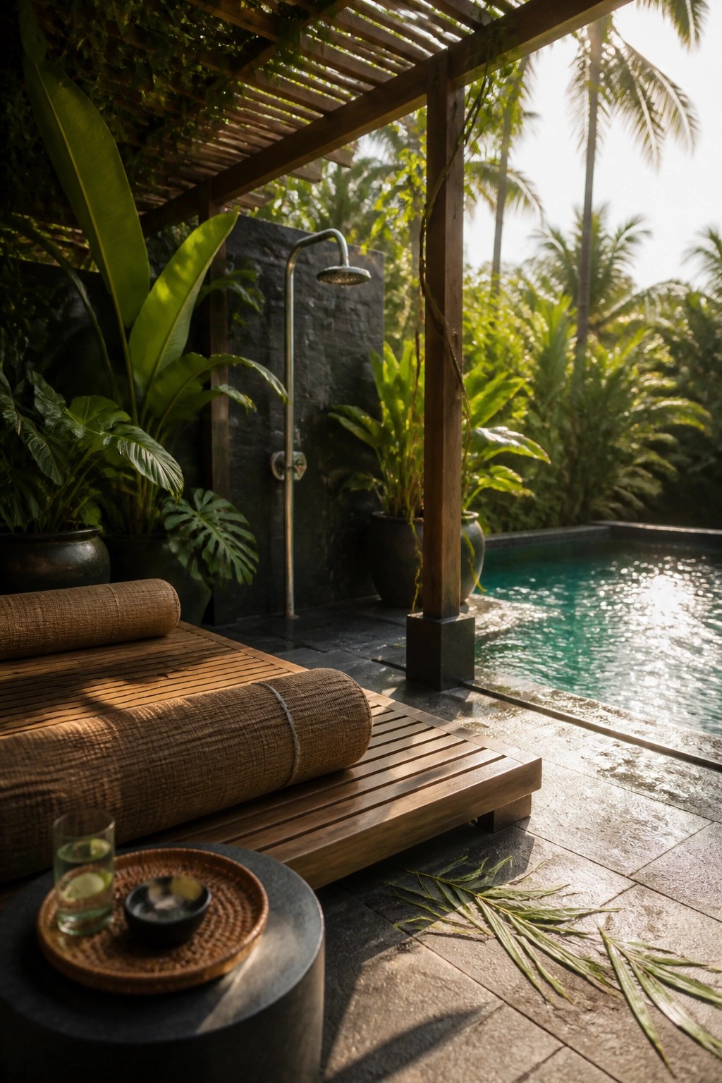 A wooden lounge bench with rolled cushions sits on a stone patio next to a pool, bordered by large potted plants and an outdoor shower under a wooden pergola.