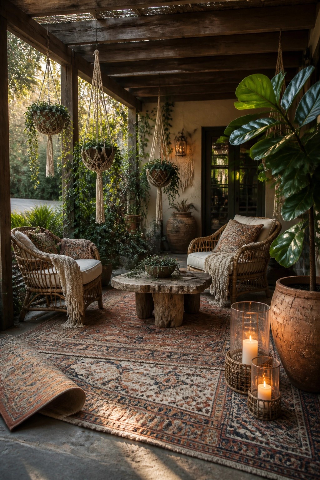 A covered wooden patio with wicker seating, layered patterned rugs, hanging macrame planters, and lit candles in glass holders.