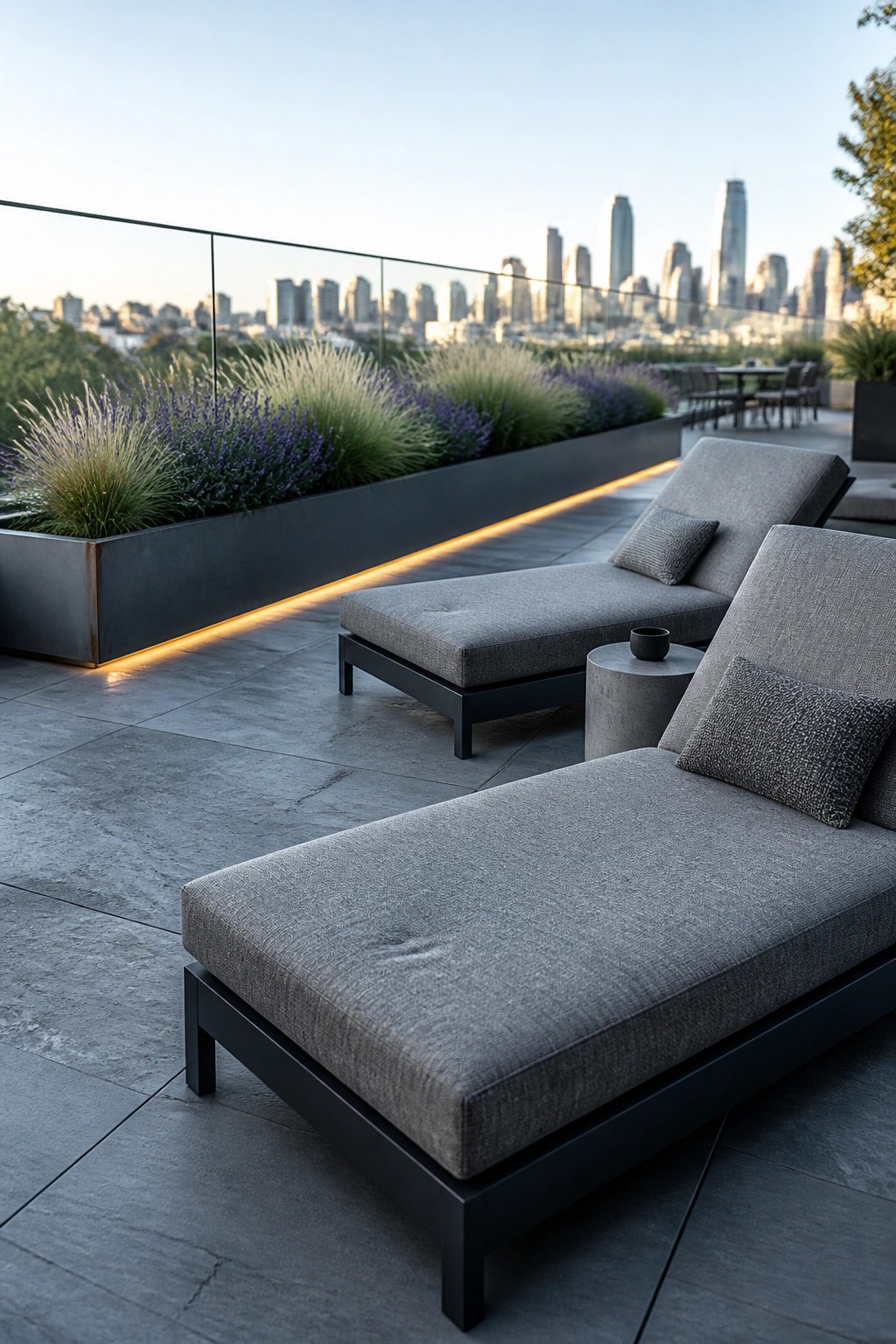 Two gray lounge chairs sit on a stone terrace beside a long dark planter filled with grasses and purple flowers, with a warm LED strip glowing along the planter base and a city skyline in the background.