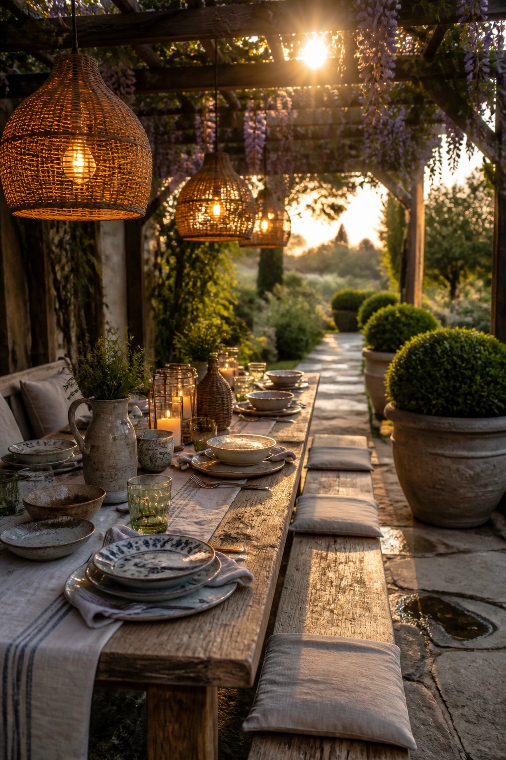 A long rustic wooden table set for dining under a pergola with hanging woven lights, surrounded by potted plants and greenery on a stone patio.