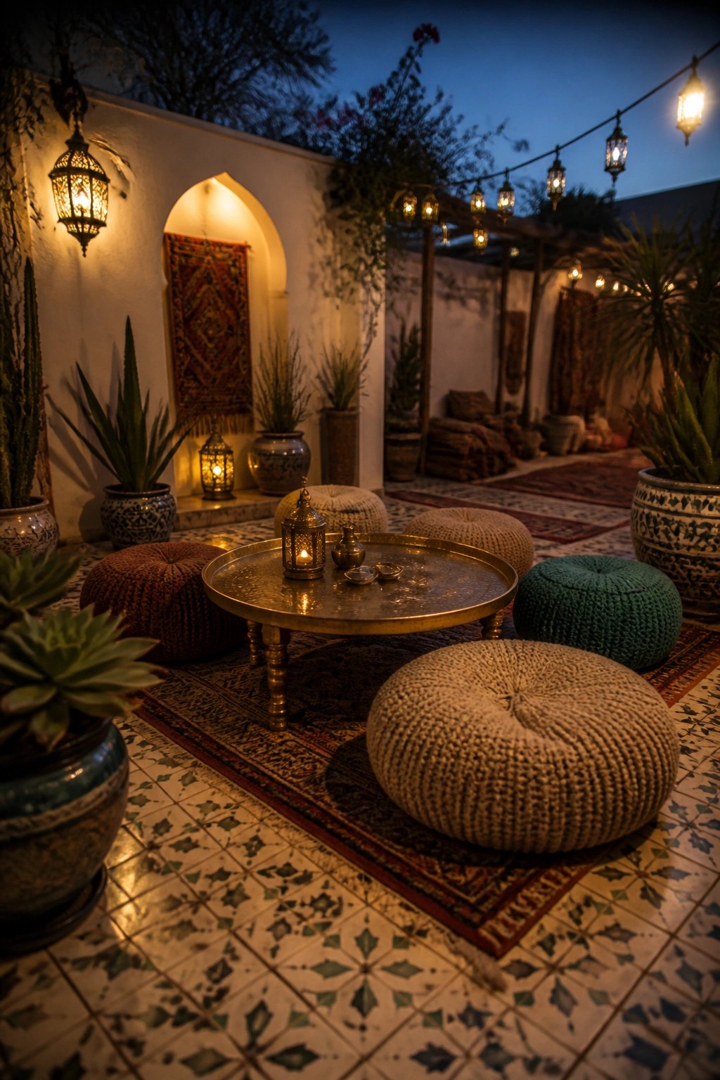 An outdoor courtyard at dusk with knit poufs in brown, beige, and teal arranged around a low brass table, potted plants, hanging lanterns, and layered rugs on patterned tile.