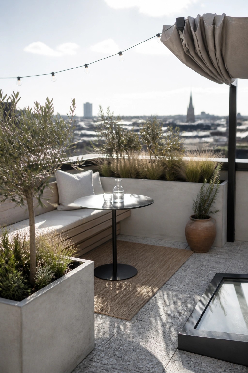 A rooftop patio features a built-in wooden bench with cushions, surrounded by large concrete planters holding small trees and shrubs, a round black table on a woven rug, and a city skyline in the distance.
