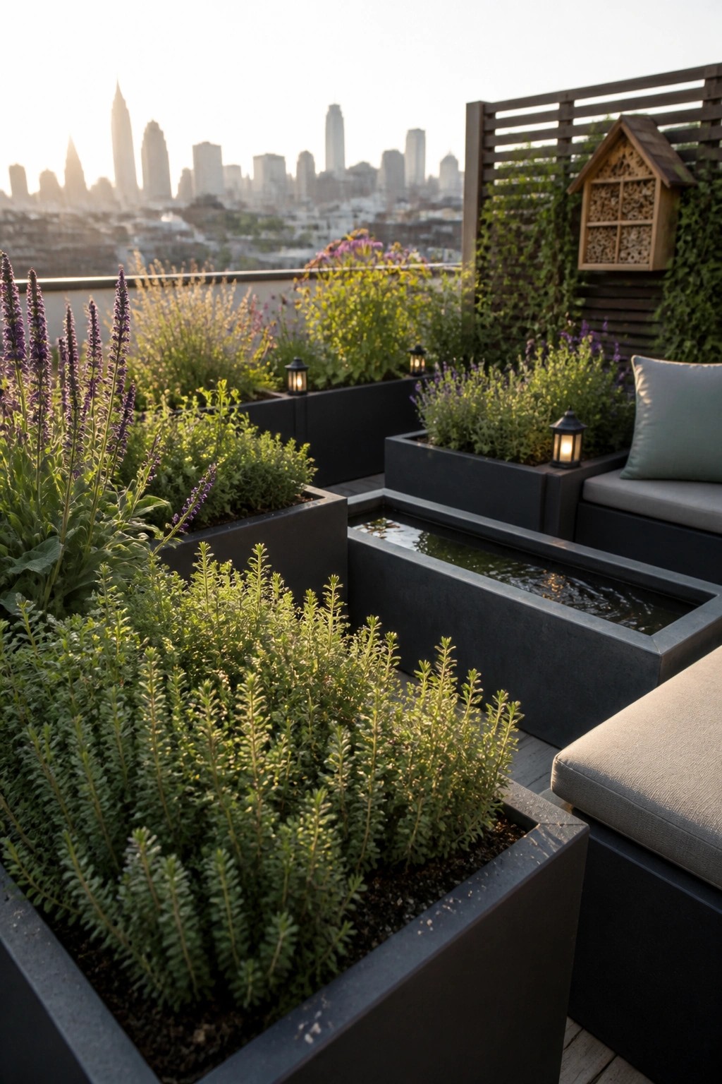 A rooftop terrace with dark rectangular planters containing green and purple plants arranged around cushioned seating and a narrow water feature, with a wooden screen and city skyline visible in the background.
