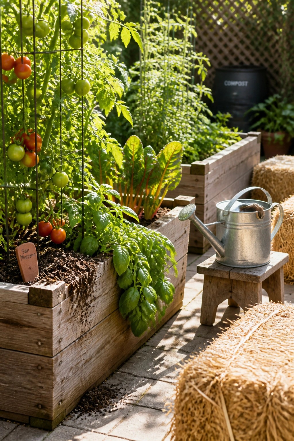 A patio garden with multiple wooden raised planters growing tomatoes on trellises and leafy greens, a metal watering can on a wooden stool, and straw bales nearby.