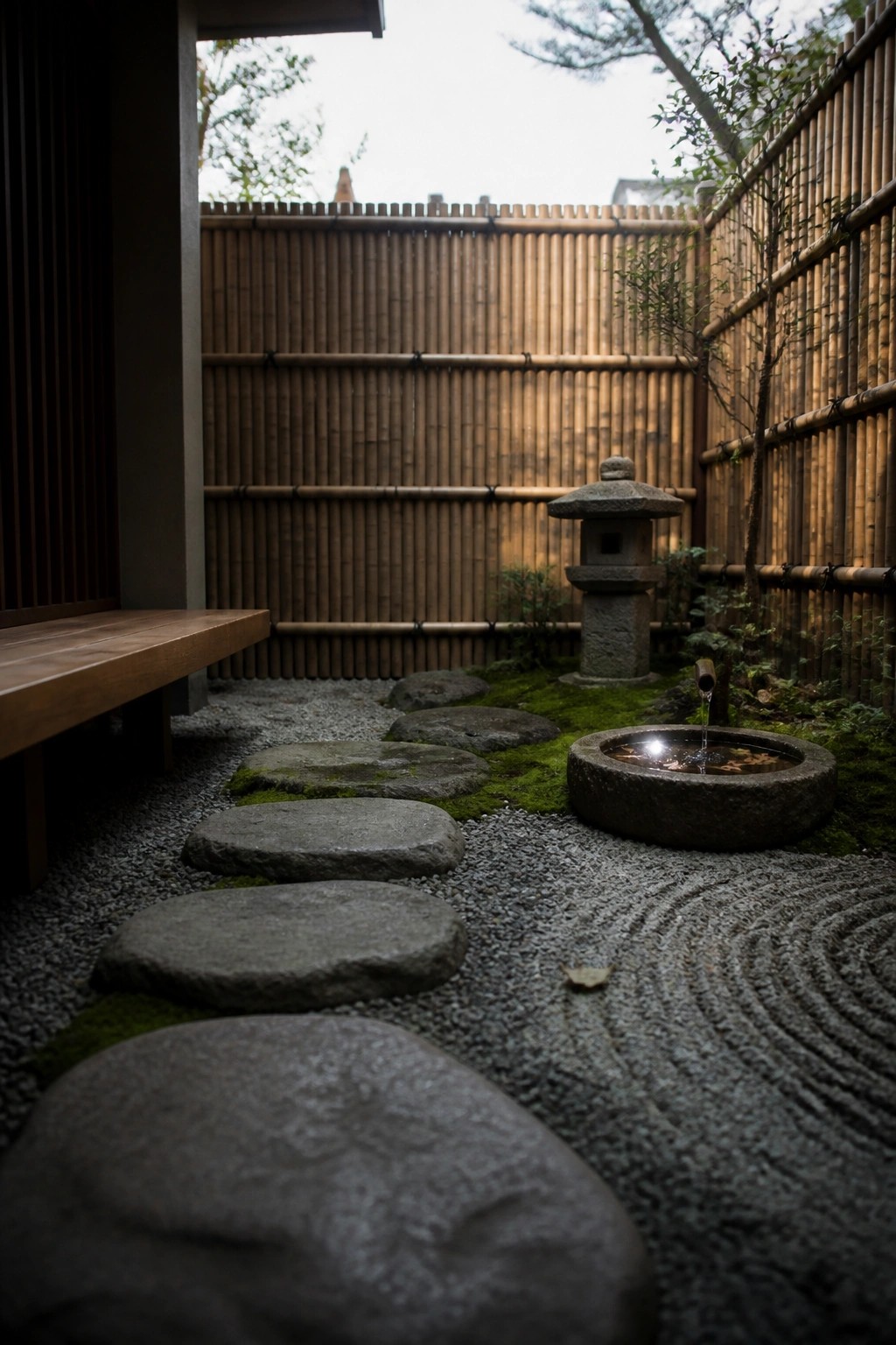 A narrow garden path of large flat stepping stones set in gravel leads toward a stone water basin and lantern, with a bamboo fence and wooden bench visible.