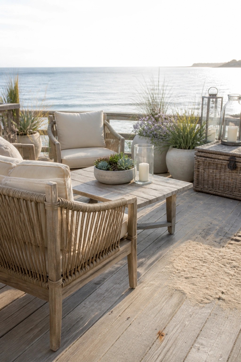 A wooden deck patio with woven armchairs, a low table, stone planters, and lanterns overlooking the ocean.