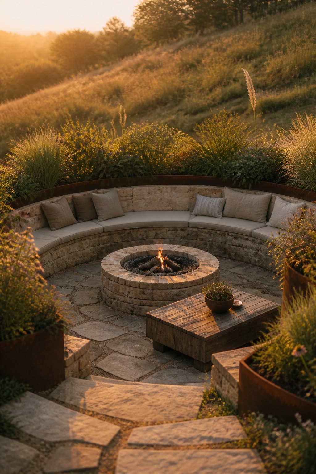 Curved stone bench with cushions around a lit fire pit on hillside patio