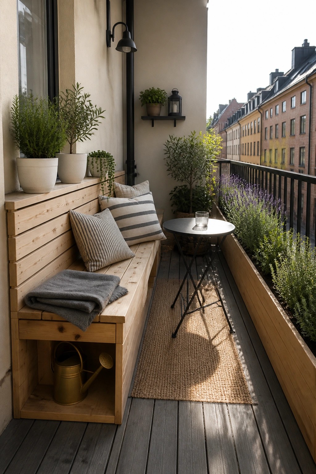 Cozy urban balcony with wooden bench, striped pillows, round table, and potted plants.