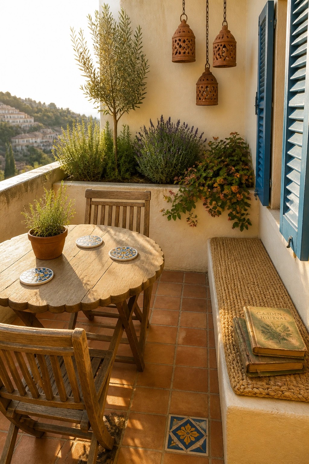 A wooden balcony table and chairs sit on terracotta tiles beside a long built-in planter box filled with green shrubs, lavender, and flowering plants, with blue shutters on the right wall.