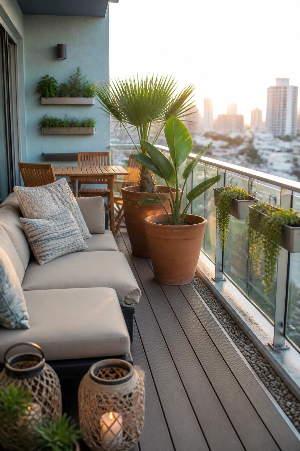 A balcony furnished with a sectional sofa, wooden dining set, and several large terracotta pots holding palm and banana plants, plus small wall-mounted planters along the glass railing.