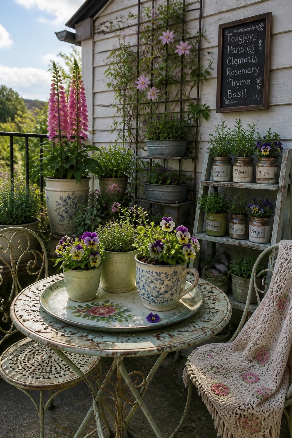 A round metal table on a balcony holds three potted pansies on a floral tray, with a ladder shelf of labeled herb pots and additional containers arranged nearby.