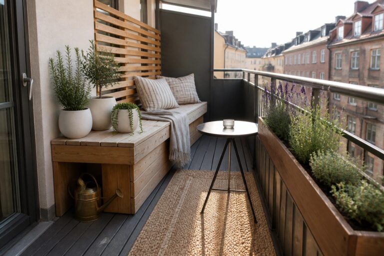 Cozy urban balcony with wooden bench, striped pillows, round table, and potted plants.
