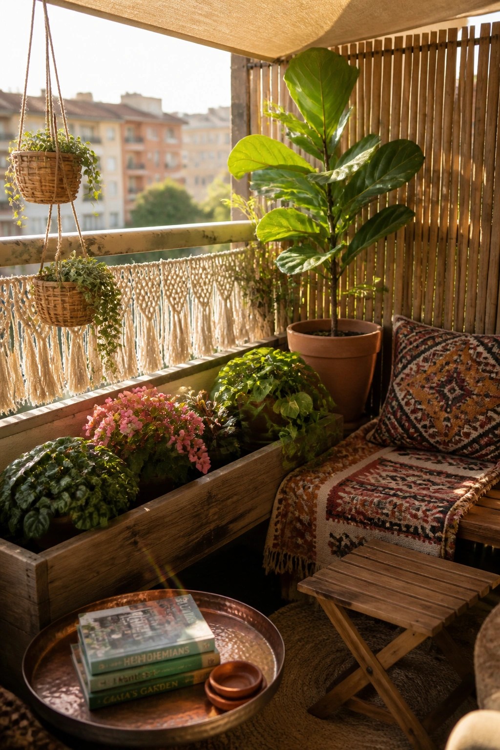 A balcony garden with a long wooden planter box holding multiple plants, a large fiddle leaf fig in a pot, hanging baskets, patterned cushions on a bench, and a small wooden stool with books on a tray.