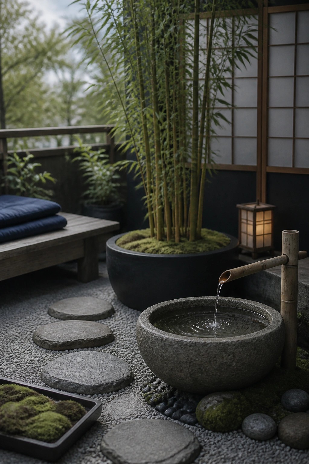 A balcony garden scene shows a large black pot of tall bamboo beside a stone water basin fed by a bamboo spout, with gravel and stepping stones underfoot.