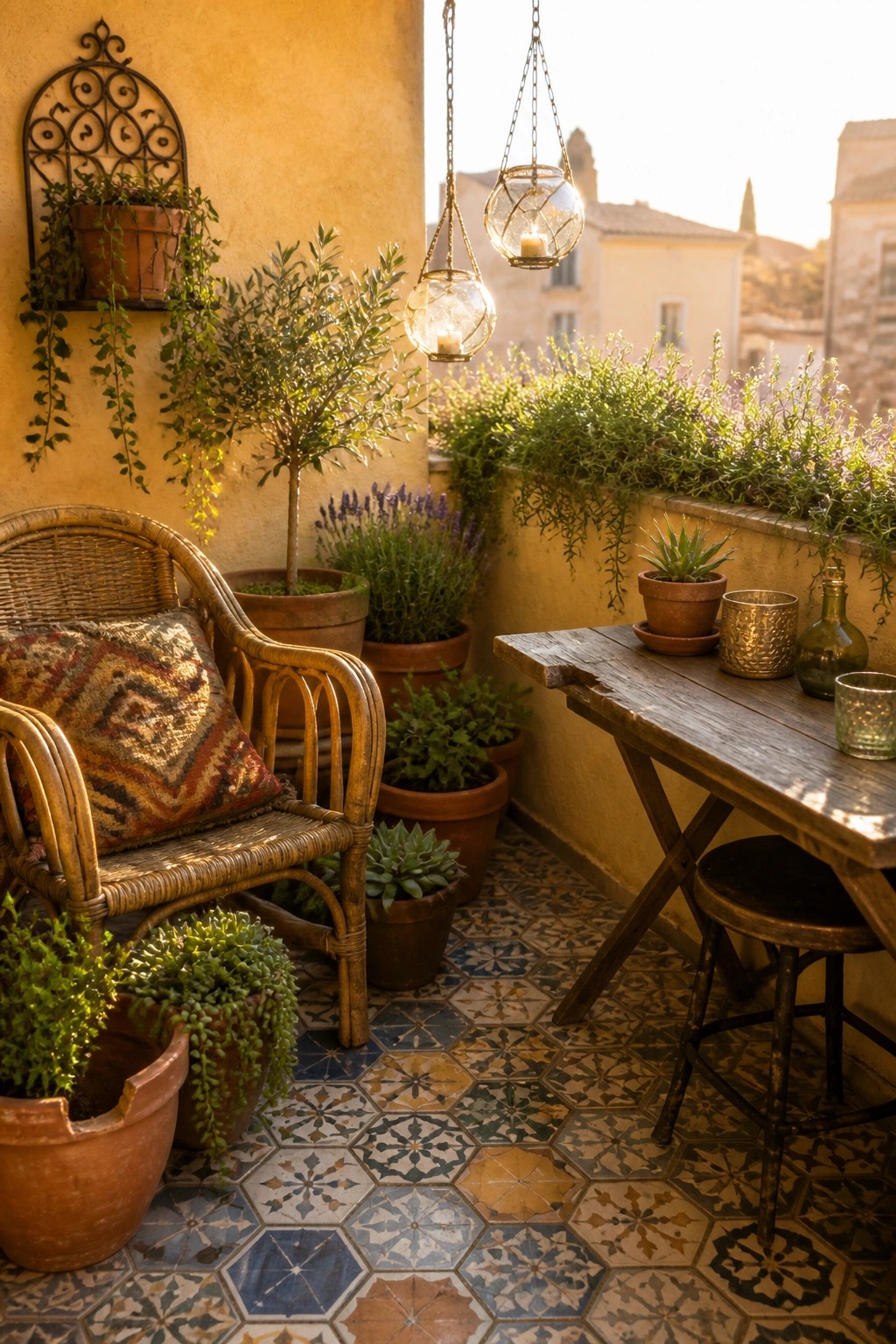 A sunlit balcony with a wicker chair, wooden table and stool, hanging glass lanterns, and many terracotta pots of varying sizes arranged on patterned tile flooring.