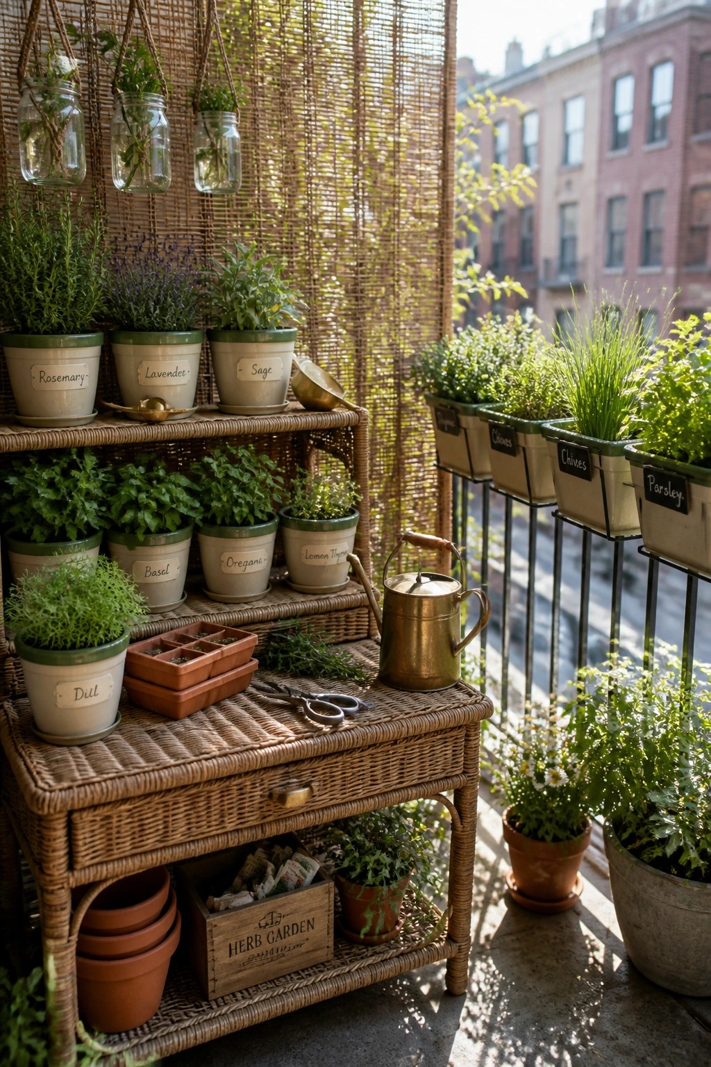 A balcony garden shows a wicker console table with multiple herb pots on its shelves, hanging mason jars, and additional planters mounted on the railing.