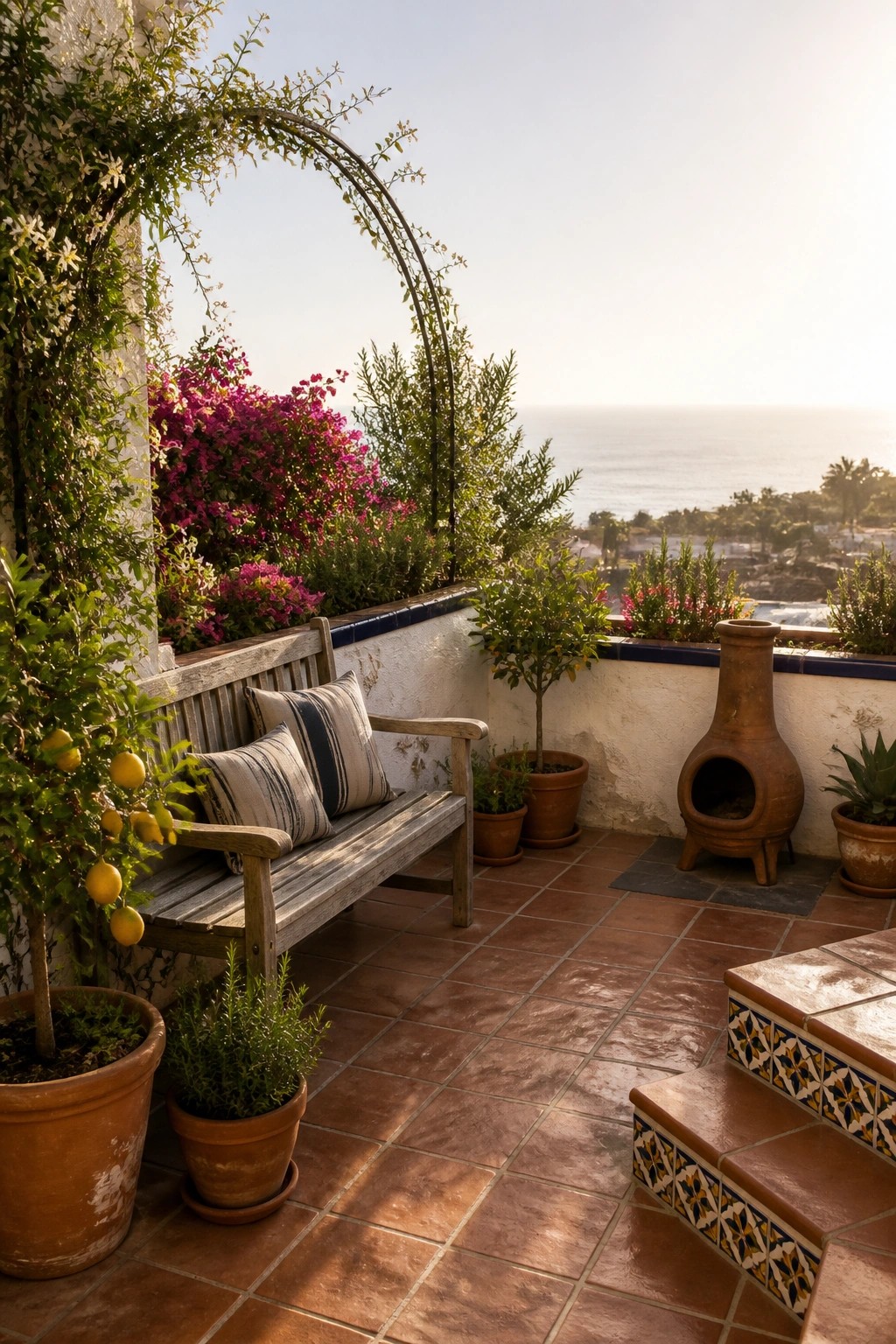 A wooden bench with striped cushions sits on a tiled balcony surrounded by potted lemon trees, flowering shrubs, and a terracotta chiminea, with the ocean visible in the background.