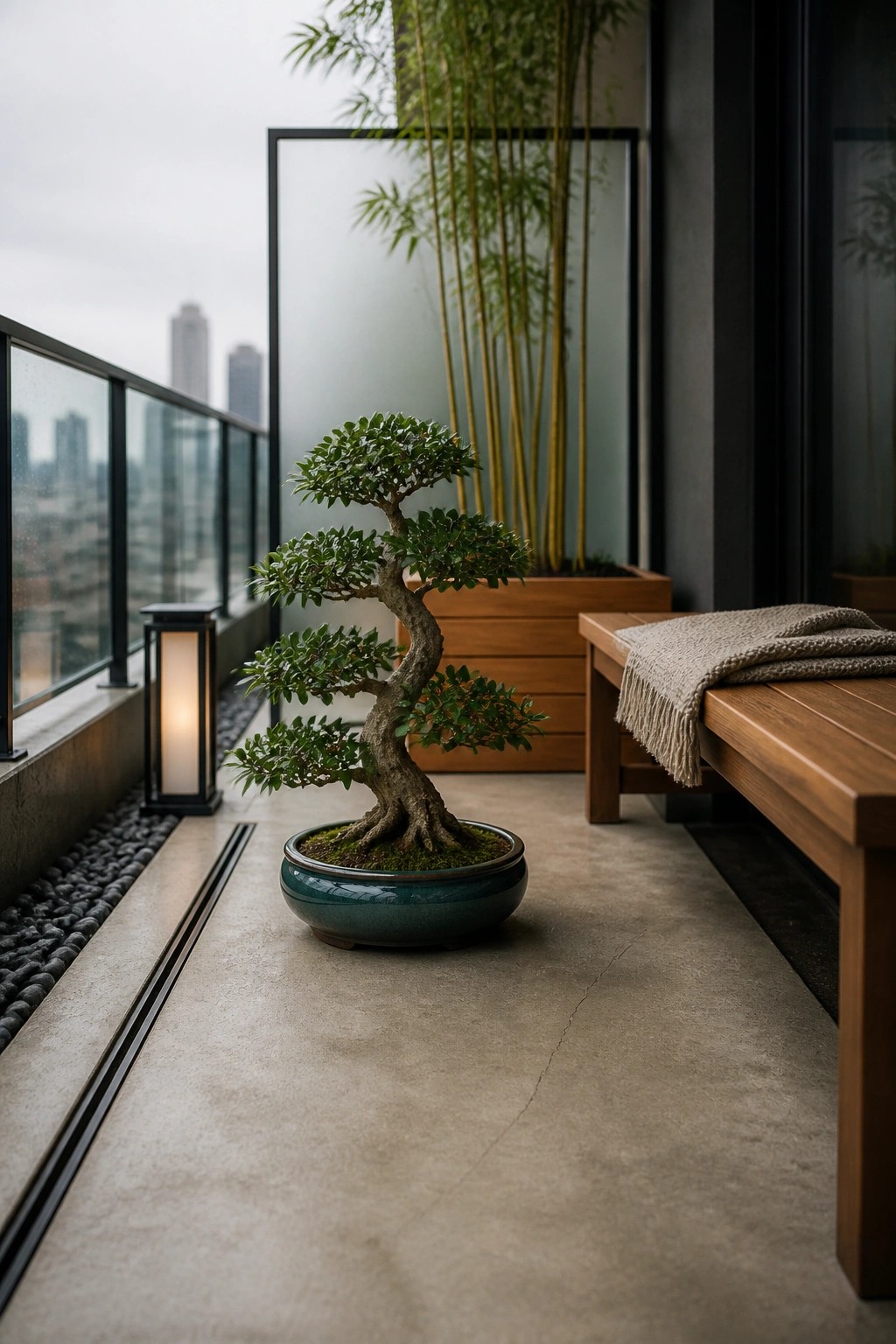 A bonsai tree in a teal pot sits on a concrete balcony floor next to a wooden bench with a throw, with bamboo in a wooden planter and a city skyline visible beyond the railing.