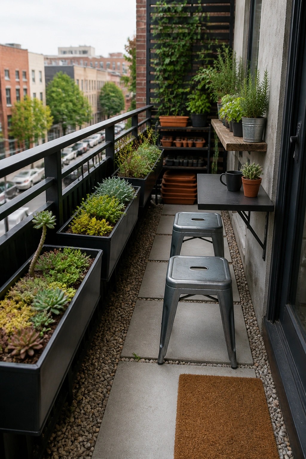 A narrow urban balcony with long black planter boxes filled with succulents along the railing, two metal stools on a paved path, a wall-mounted table, and additional potted plants on a wooden shelf.
