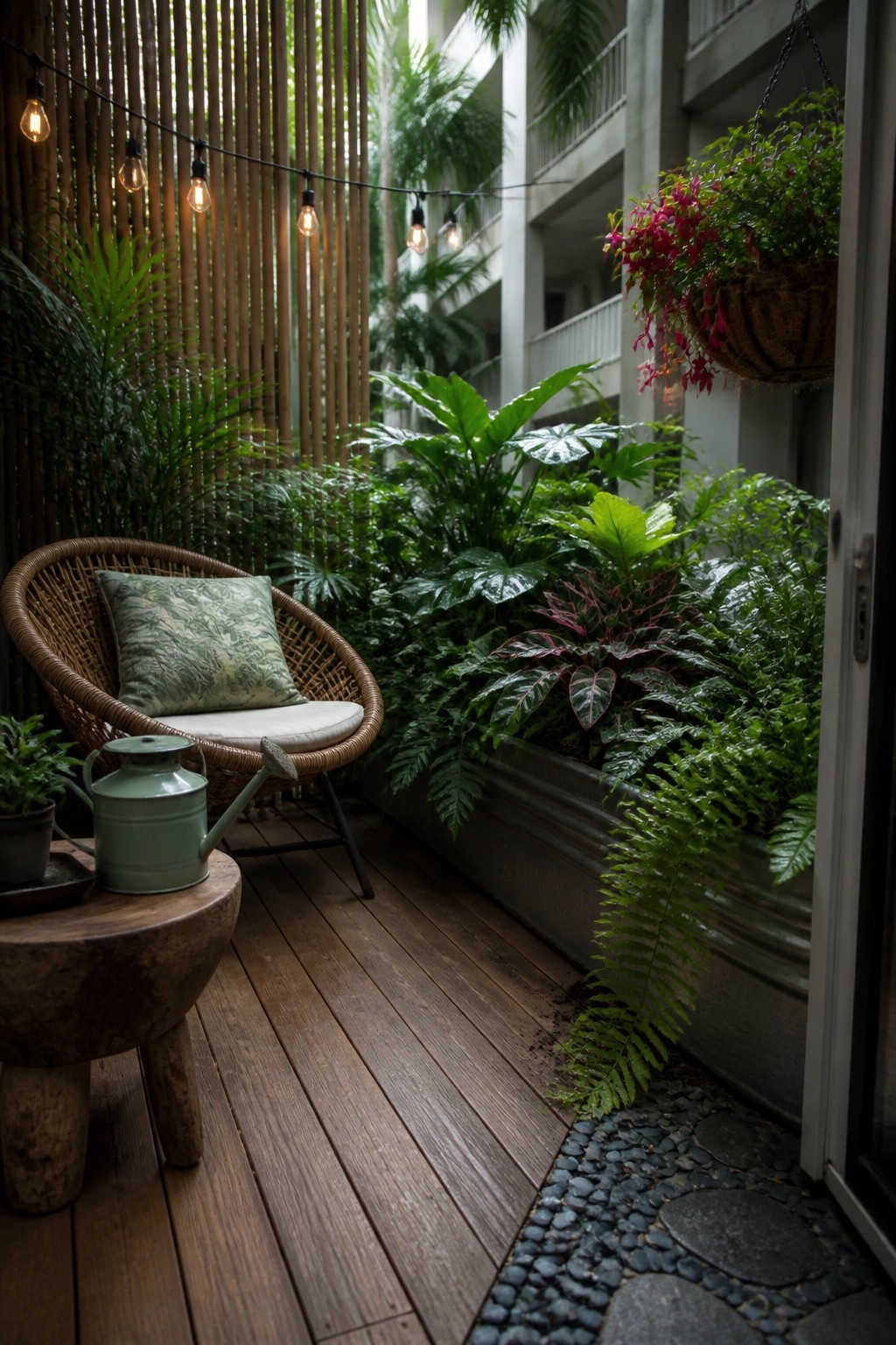 A wooden balcony features a long metal planter box filled with various green plants, a wicker chair with a cushion, string lights overhead, and a hanging basket with pink flowers.
