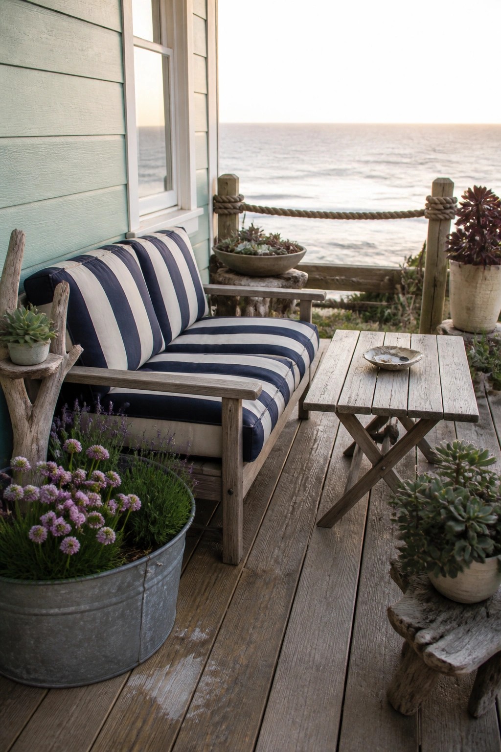 Striped sofa on wooden deck overlooking ocean with potted plants and table