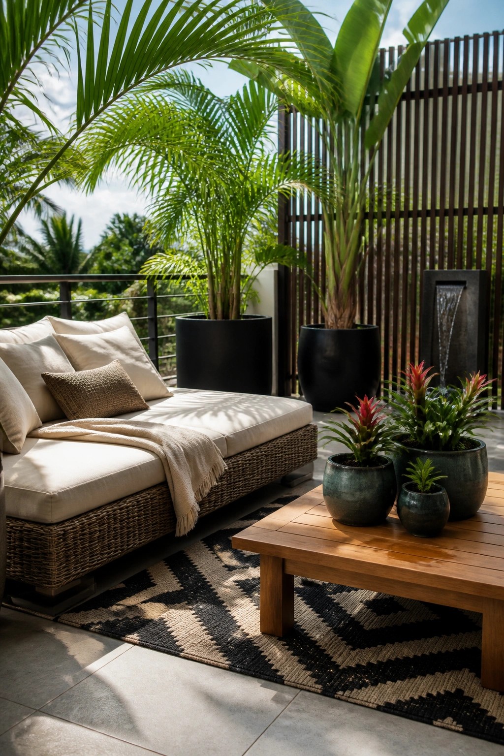 A balcony with a cushioned daybed, wooden coffee table holding small potted plants, large black planters with palms, and a wooden screen with a water feature in the background.