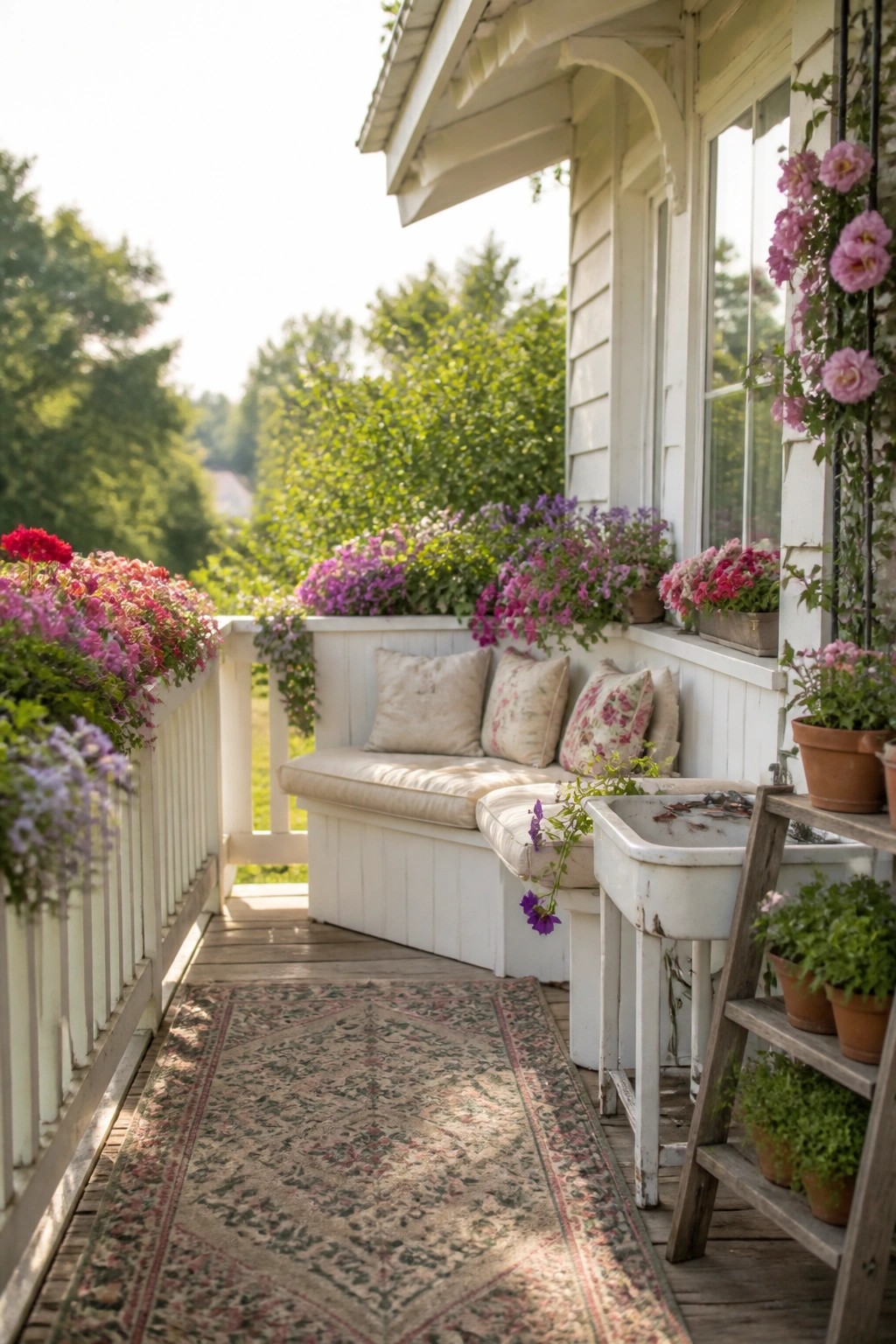 A white wooden porch features a built-in bench with cushions, a long patterned runner rug, and flowering plants arranged in window boxes along the railing plus pots on a wooden ladder shelf.