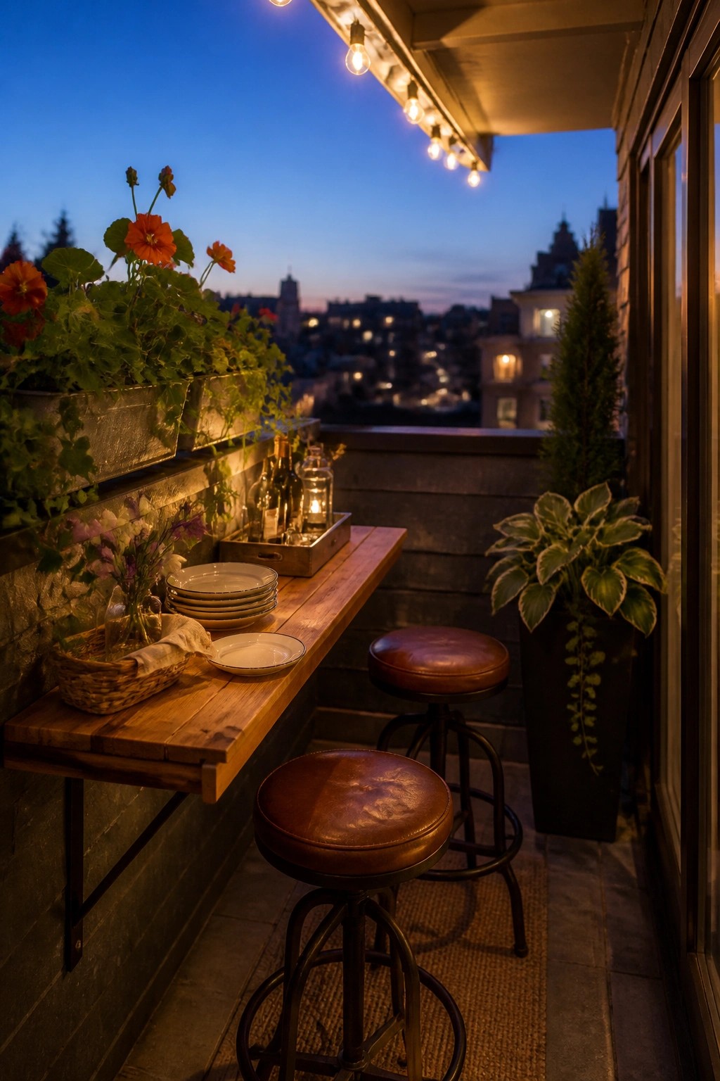 A wooden counter mounted along a balcony wall with two brown leather stools, metal planters filled with flowers, and a city view at dusk.