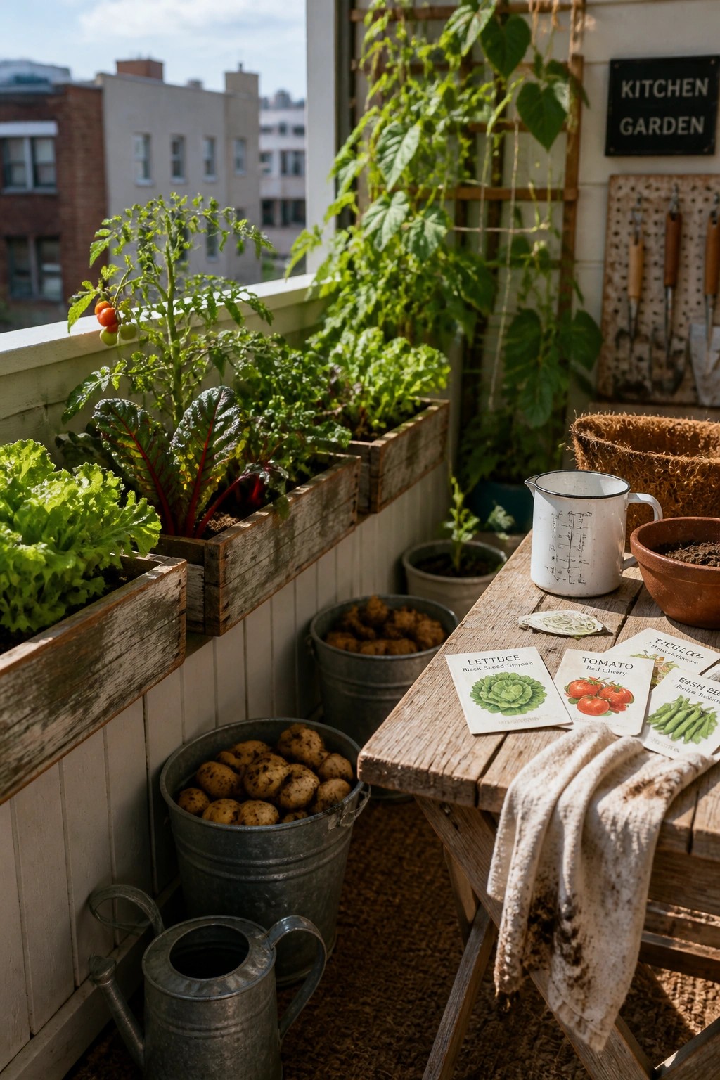 A balcony with wooden planter boxes mounted along the railing filled with vegetables, a wooden table holding seed packets, and metal buckets of potatoes on the floor.
