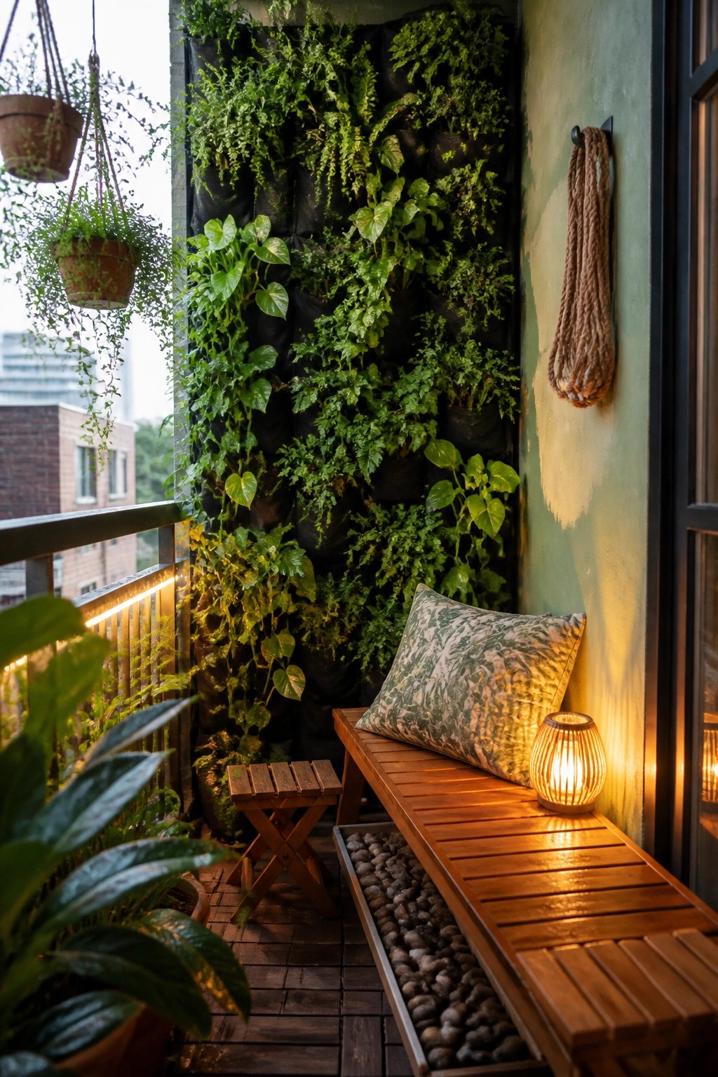 A balcony corner with a vertical living wall of black fabric pockets filled with various green plants, a wooden bench holding a patterned cushion and a lit lantern, plus hanging pots on the left.