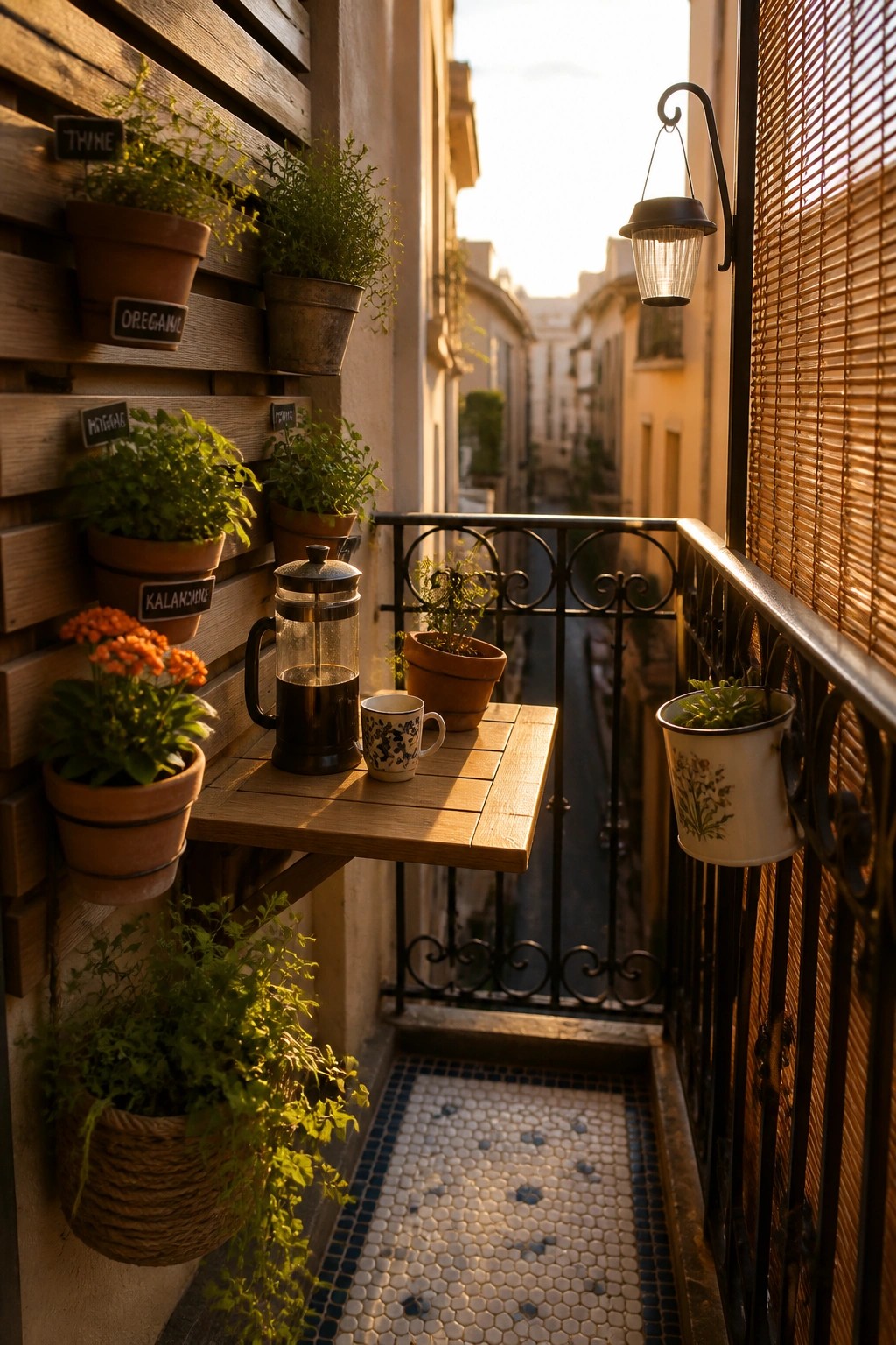A small balcony features a wooden slat wall with multiple labeled terracotta herb pots, a fold-down wooden table holding a French press and mug, and additional potted plants along the railing and floor.