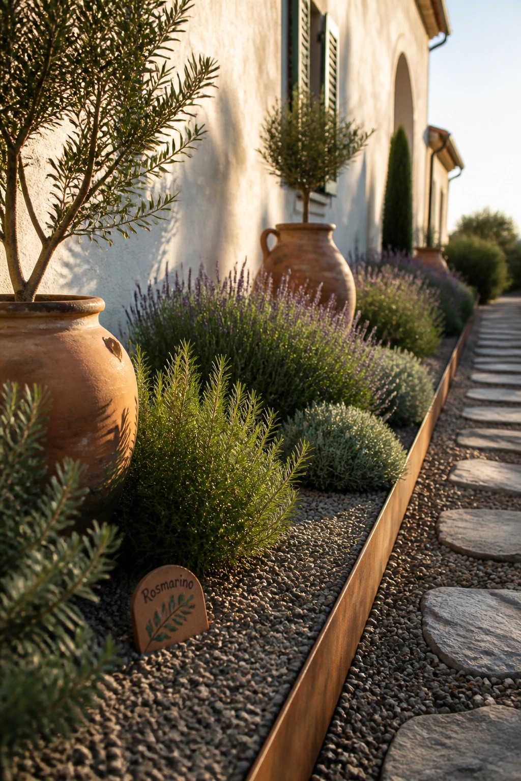 A narrow garden border with gravel, metal edging, lavender, rosemary, and large terracotta pots lines a stone path beside a house wall.