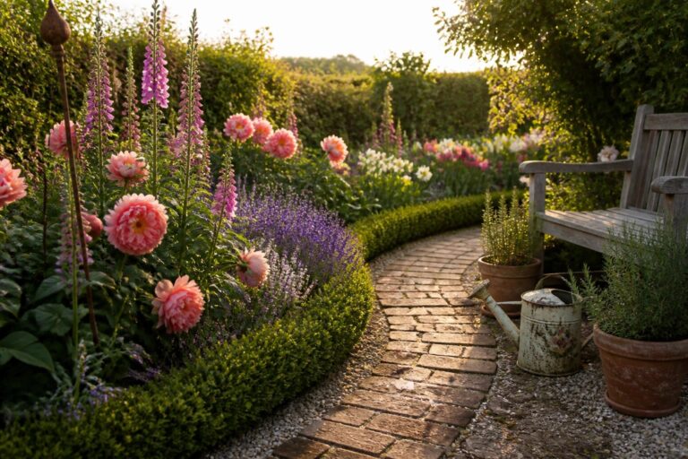 Curved brick path through vibrant flowers with bench and watering can