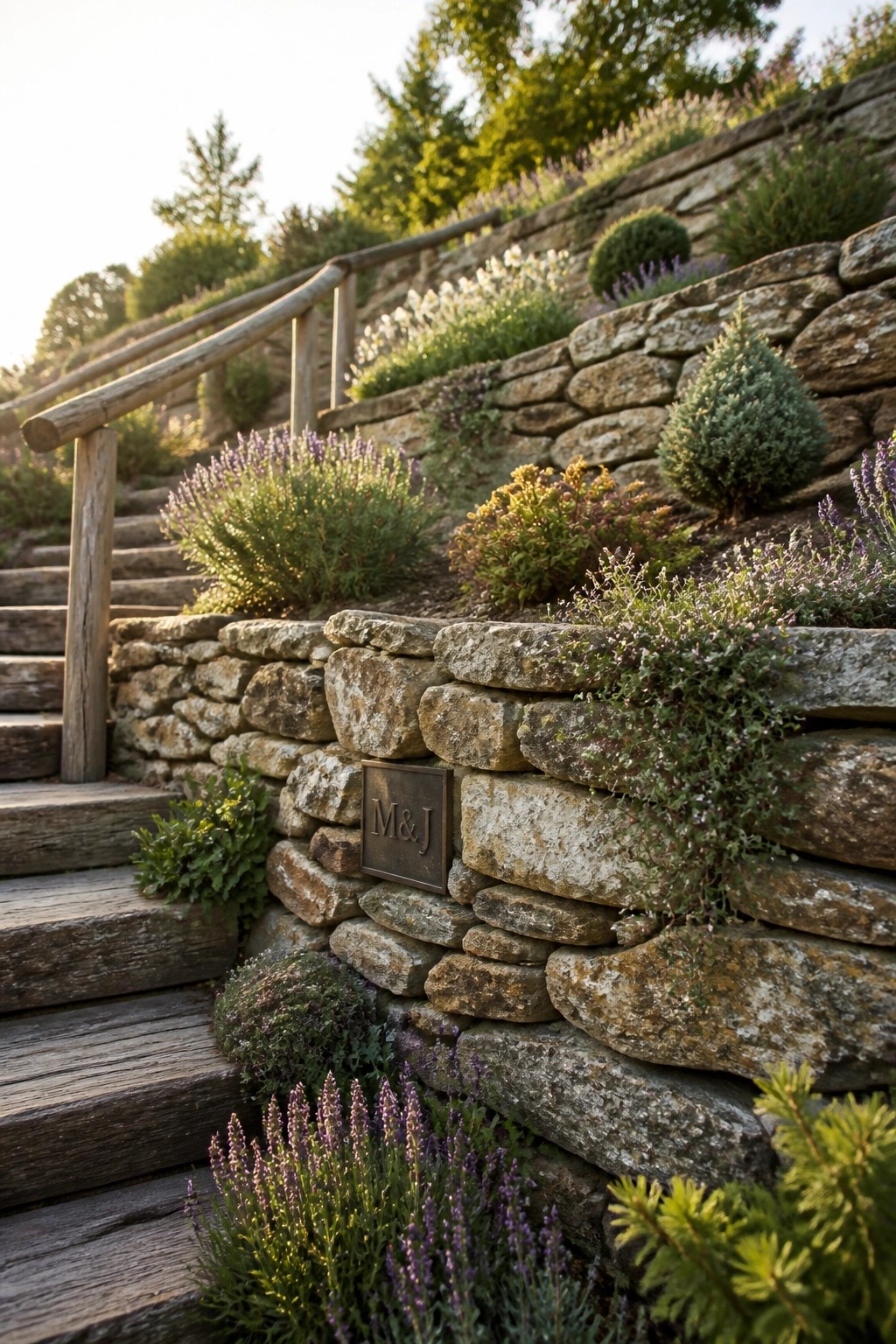 Stone retaining wall with M&J plaque beside wooden stairs amid purple flowers
