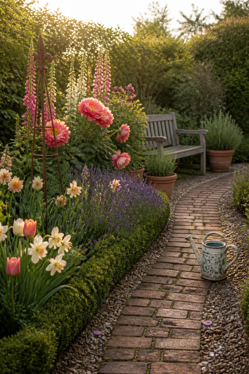 Curved brick path through vibrant flowers with bench and watering can
