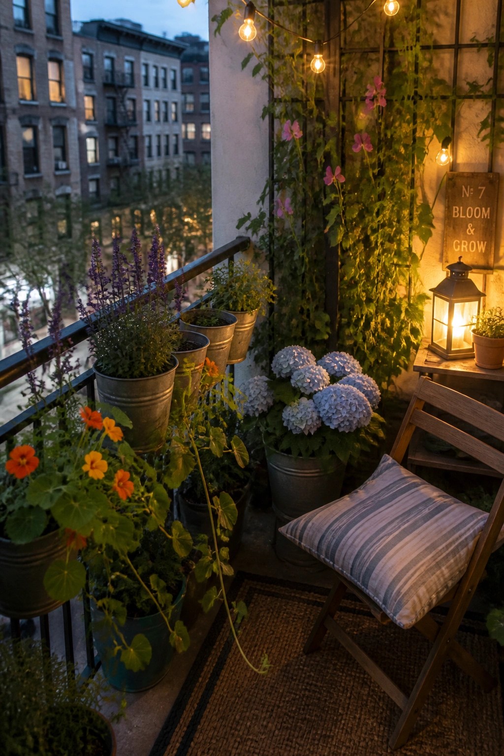 A balcony edge lined with metal and ceramic pots holding colorful flowers including orange nasturtiums, purple spikes, blue hydrangeas, and climbing vines, with string lights overhead and a wooden chair nearby.
