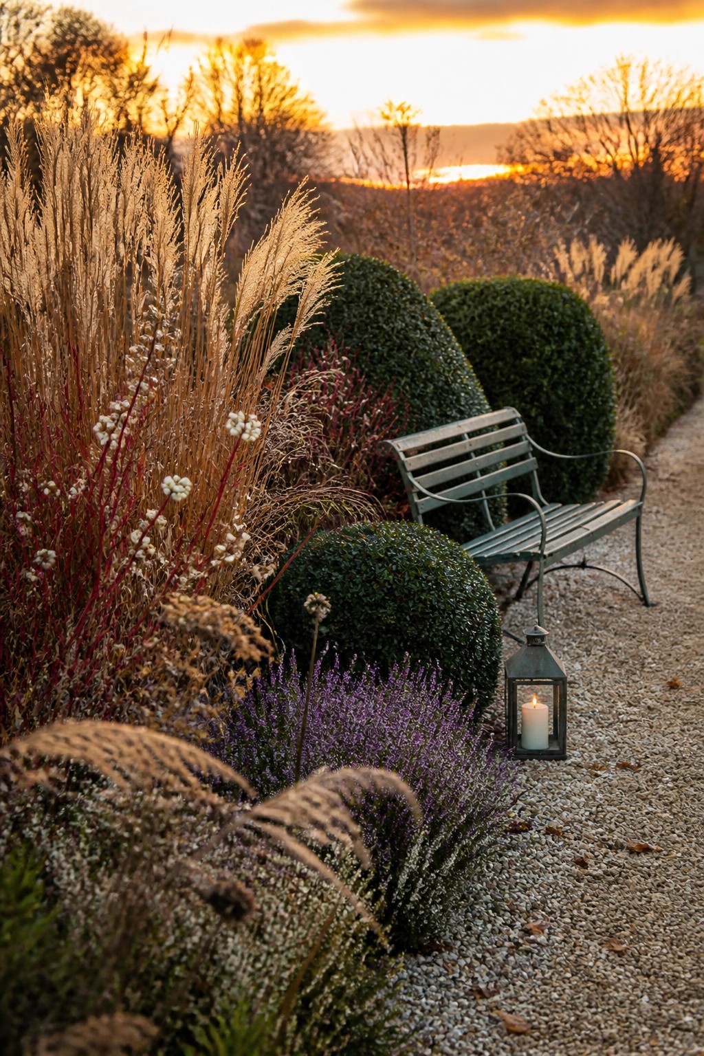 A layered garden border along a gravel path shows tall beige grasses, rounded green shrubs, purple heather, red stems, and a lit lantern beside a bench.