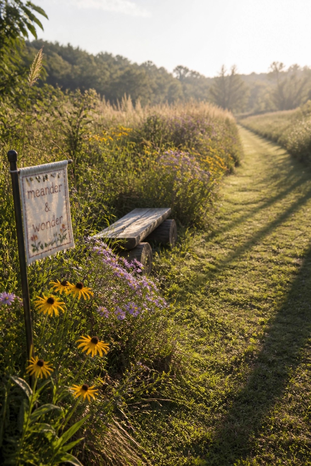 A grass path bordered by yellow and purple wildflowers with a wooden bench and a small embroidered sign nearby.