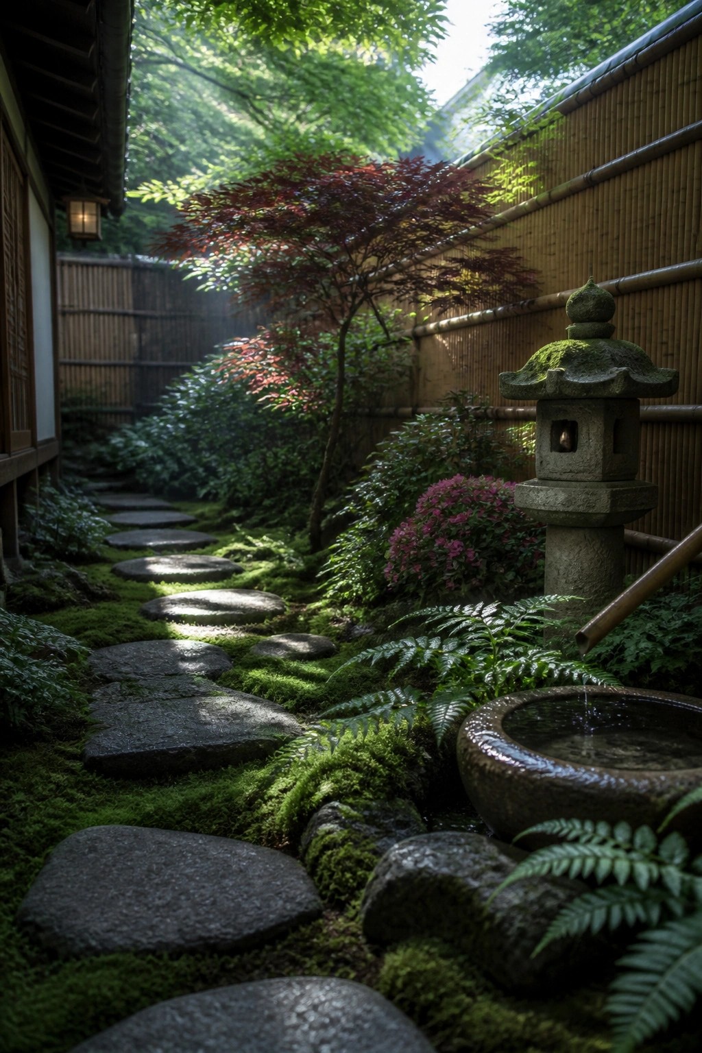 A winding stone path runs through moss-covered ground with ferns, flowering shrubs, and a red-leafed tree next to a bamboo fence and stone lantern.