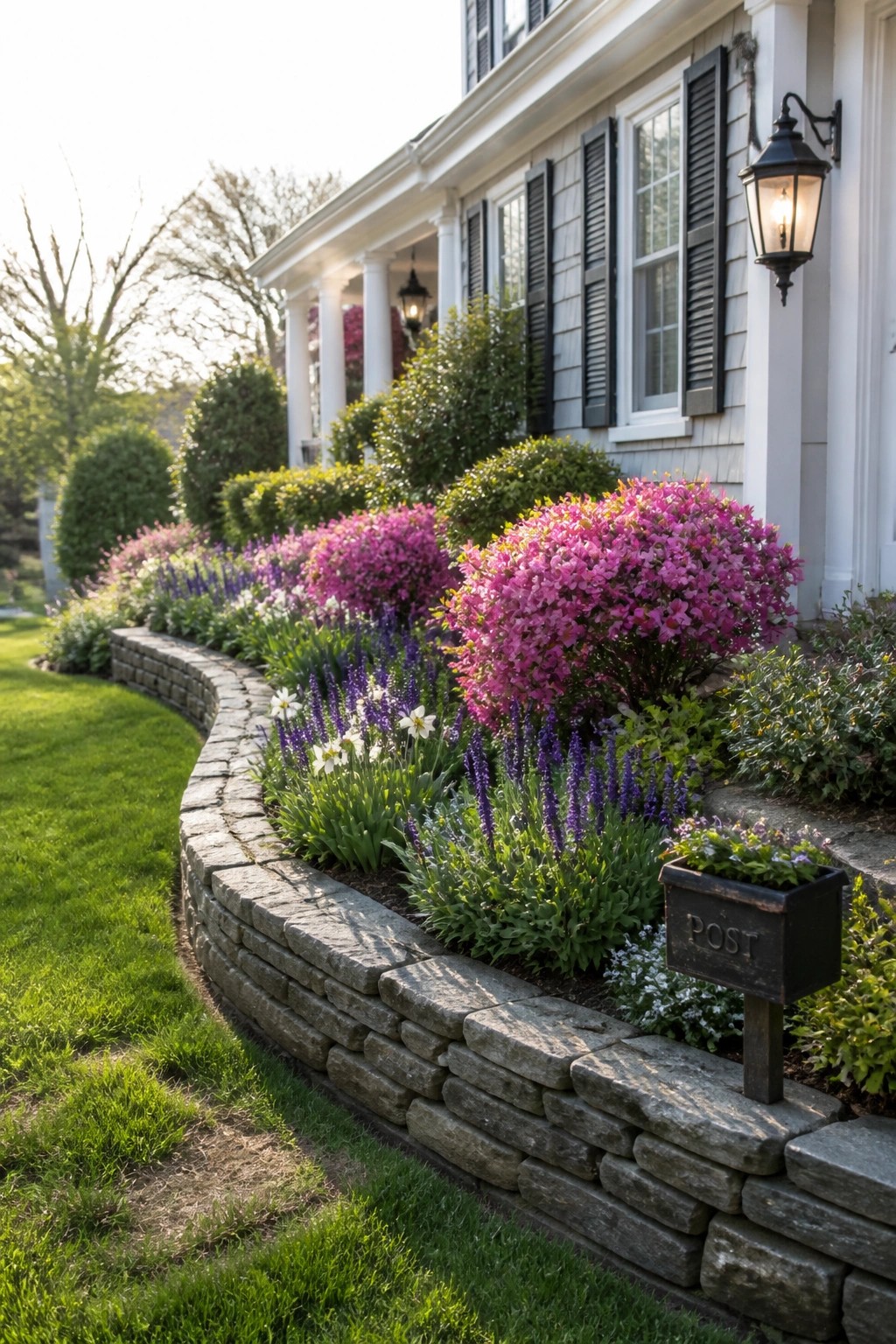 A stone retaining wall curves along a house, holding a layered garden bed with pink flowering shrubs at the back and purple and white flowers in front.