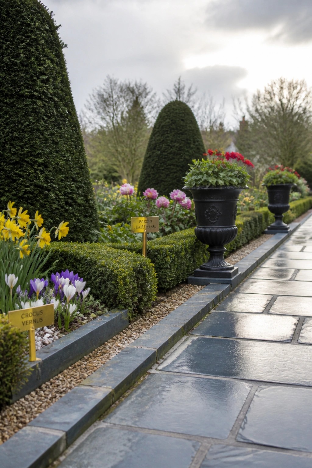A stone garden path bordered by low beds with yellow daffodils, purple and white crocuses, and taller shrubs, including visible plant labels.