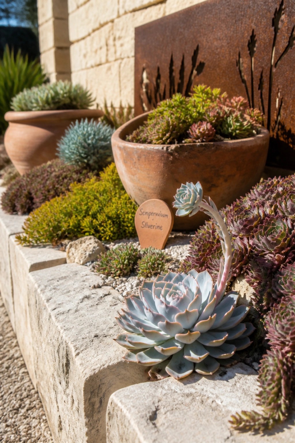 Succulents of varying sizes and colors planted along a low stone border, with terracotta pots and a rusted metal screen visible behind them.
