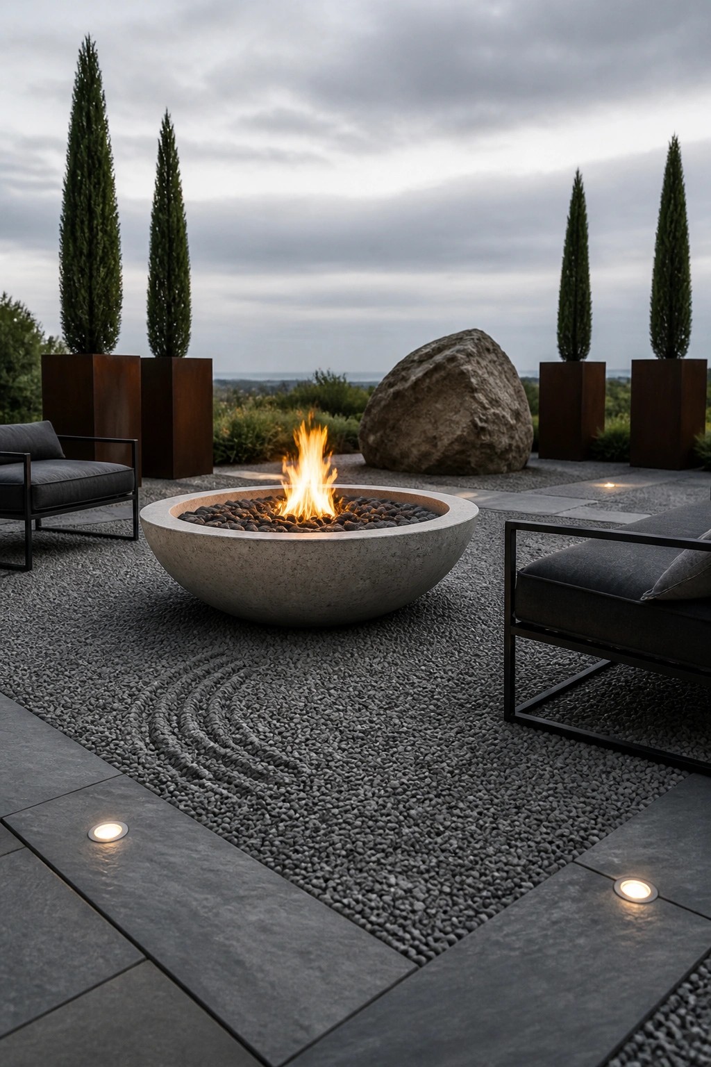 A round concrete fire bowl with active flames rests on raked dark gravel, flanked by two dark-framed lounge chairs, tall trees in square metal planters, and a large rock, with small lights set into the adjacent stone pavers.
