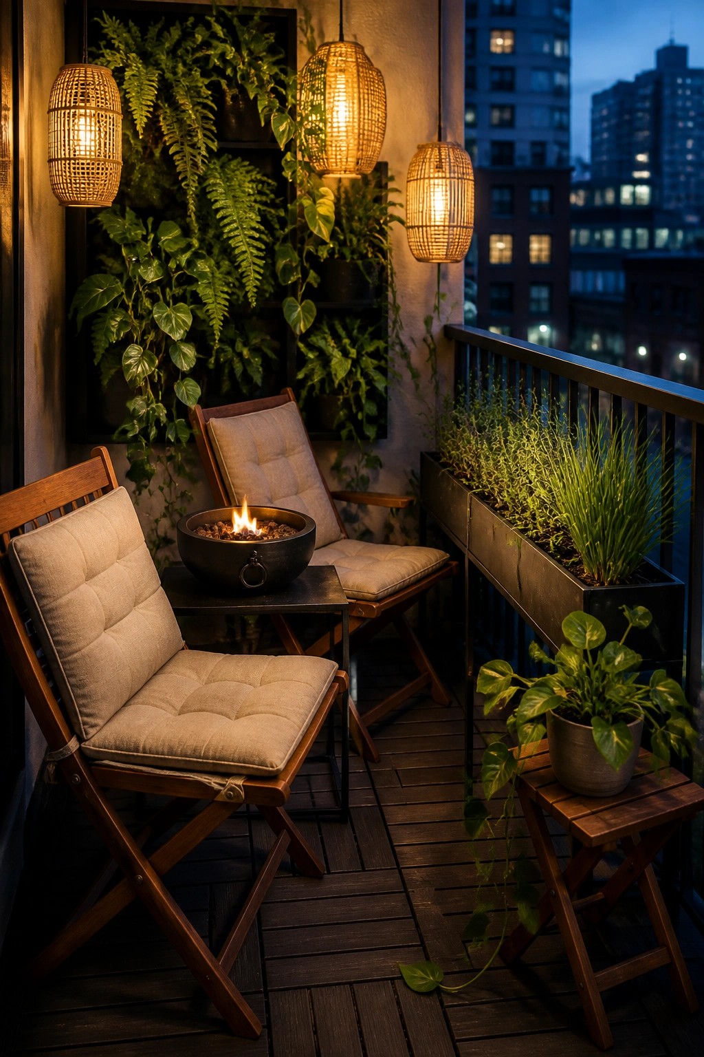 A wooden balcony at dusk with two cushioned folding chairs facing a lit fire bowl, surrounded by potted plants and hanging lanterns, overlooking city buildings.
