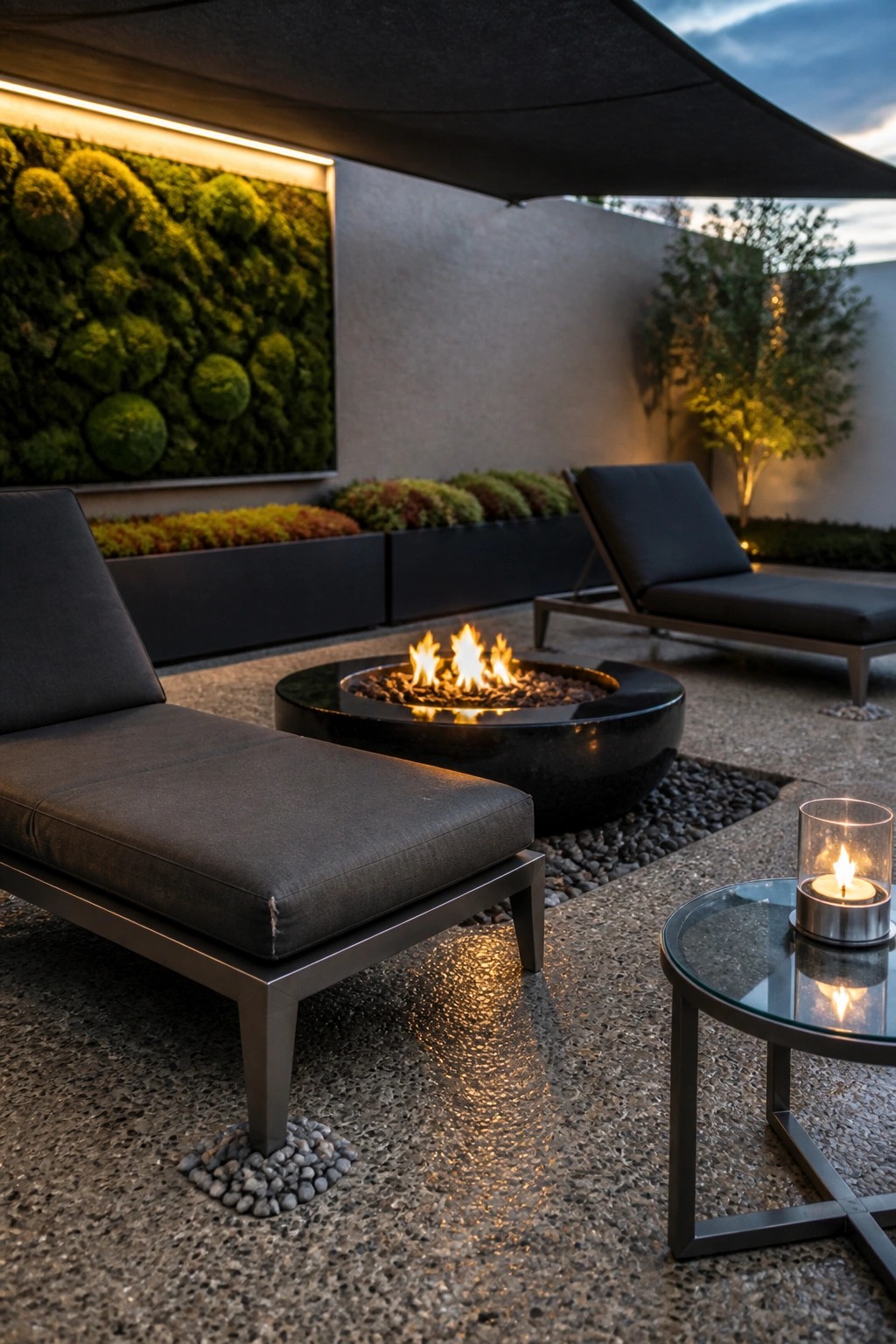 Modern patio with fire pit, dark lounge chairs, living wall, and candle at dusk.