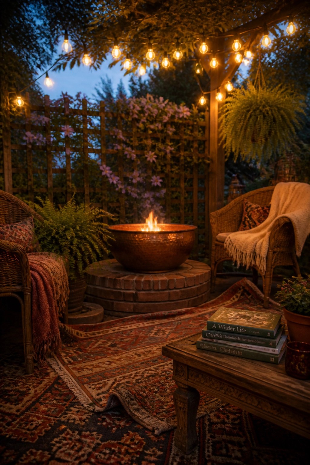An outdoor patio at dusk with a copper fire bowl on a brick platform, two wicker chairs on layered rugs, string lights overhead, and surrounding plants and a wooden fence.